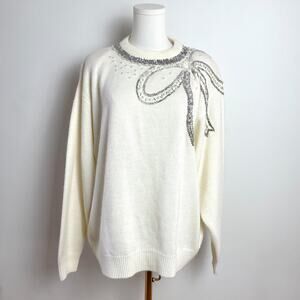 Vintage 80s Sequin Bow Statement Sweater L/XL Soft Winter White Quiet Luxury